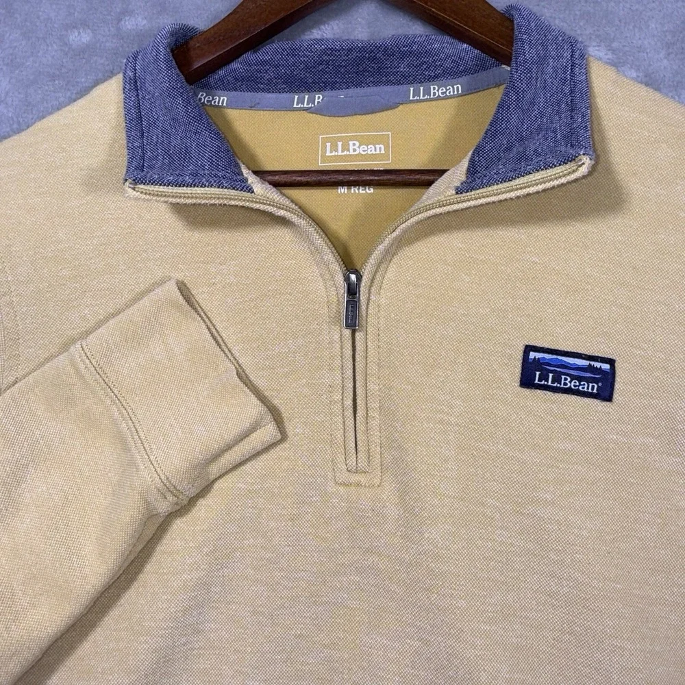 L.L. BEAN Mens 1/4 Zip Pullover High Neck Sweatshirt Yellow Logo Size Medium